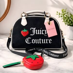 Juicy Couture Black Strawberry Velvet Dome Bag with Red Strawberry Coin Pouch